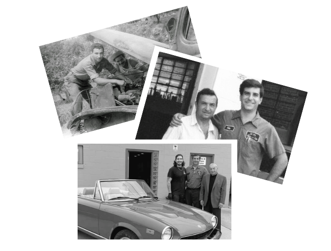 Three historical photos of members of the Mike's Foreign Car Family